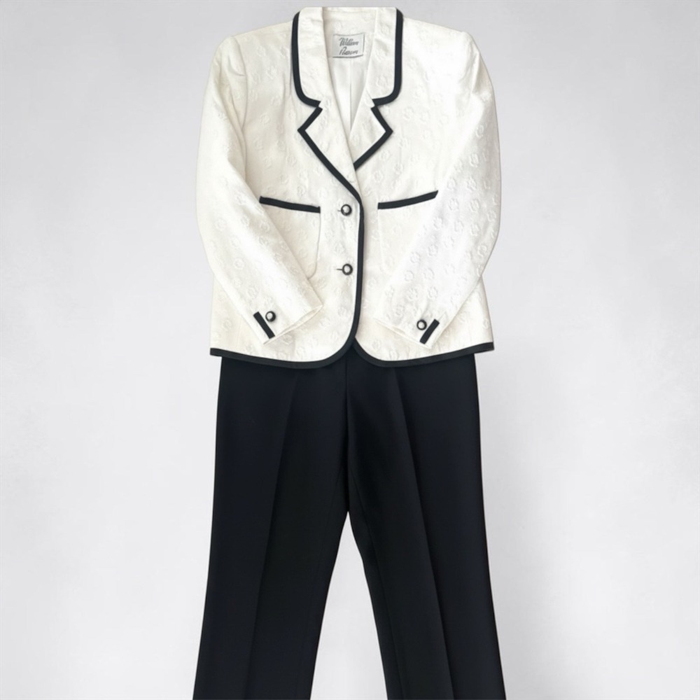 Vintage William Pearson Black White Jacquard Pant Suit Womens 12 Textured Floral